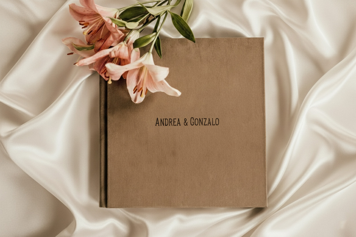 Álbum de boda, se muestra la portada con el nombre de los novios. El album esta colocado sobre una tela de seda y tiene unas flores adornando la composición