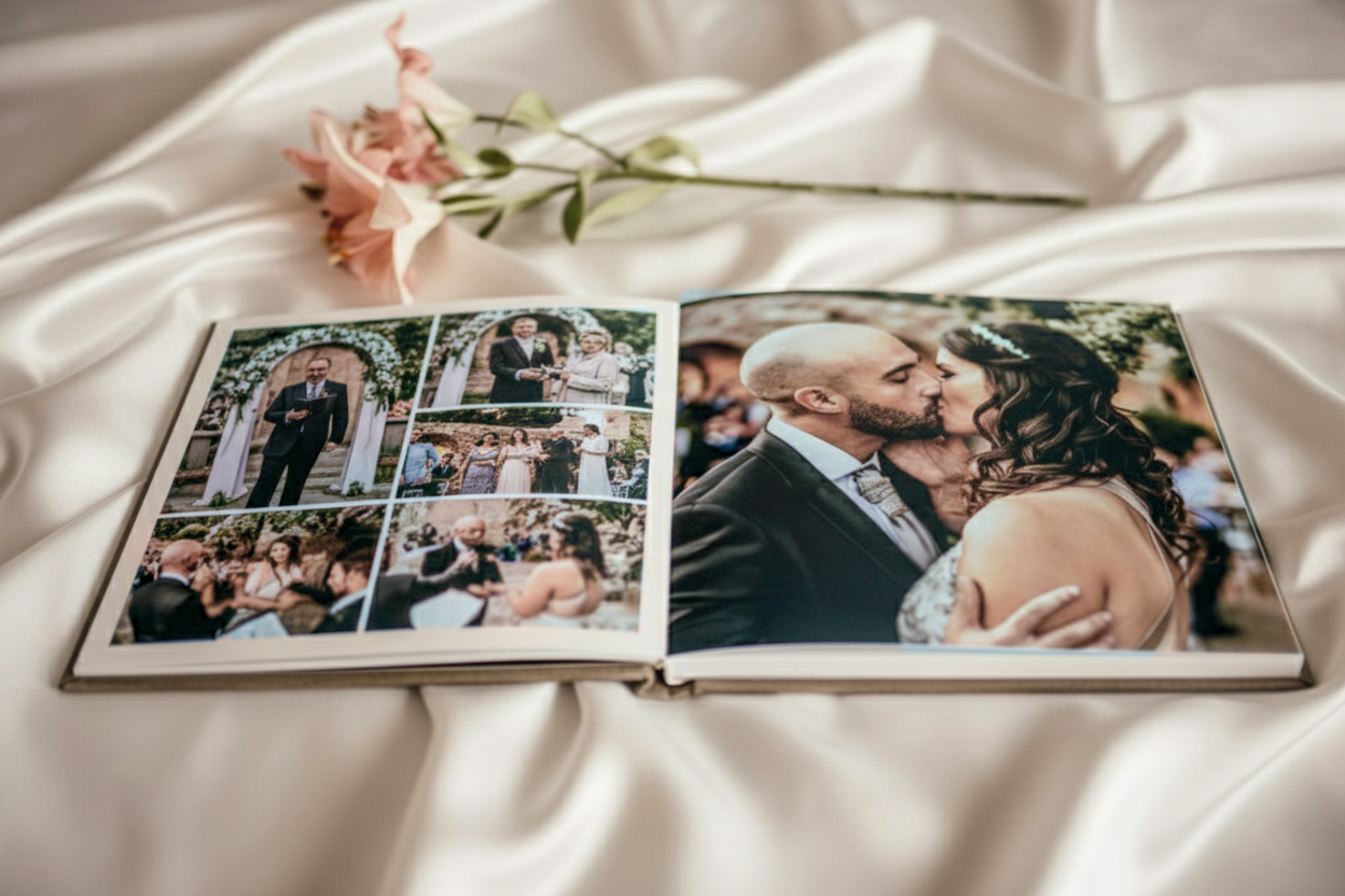 Album de boda abierto, mostrado fotografías de una boda donde los novios se besan en el altar frente a sus invitados.